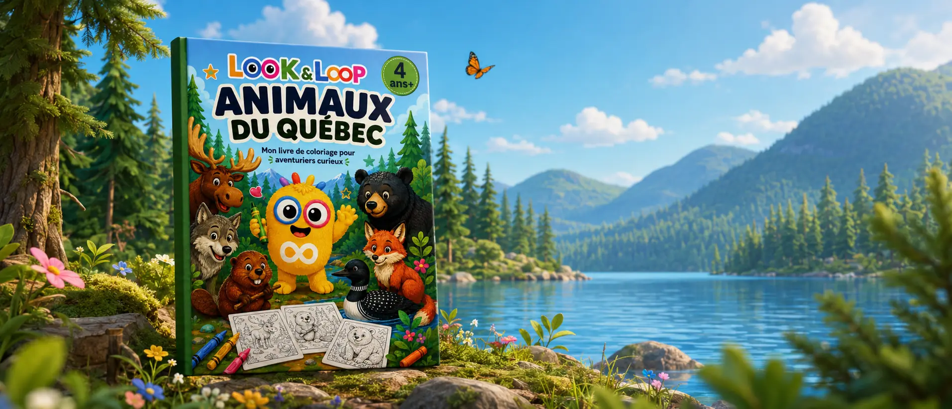 Livre de coloriage Animaux du Québec dans un paysage québécois
