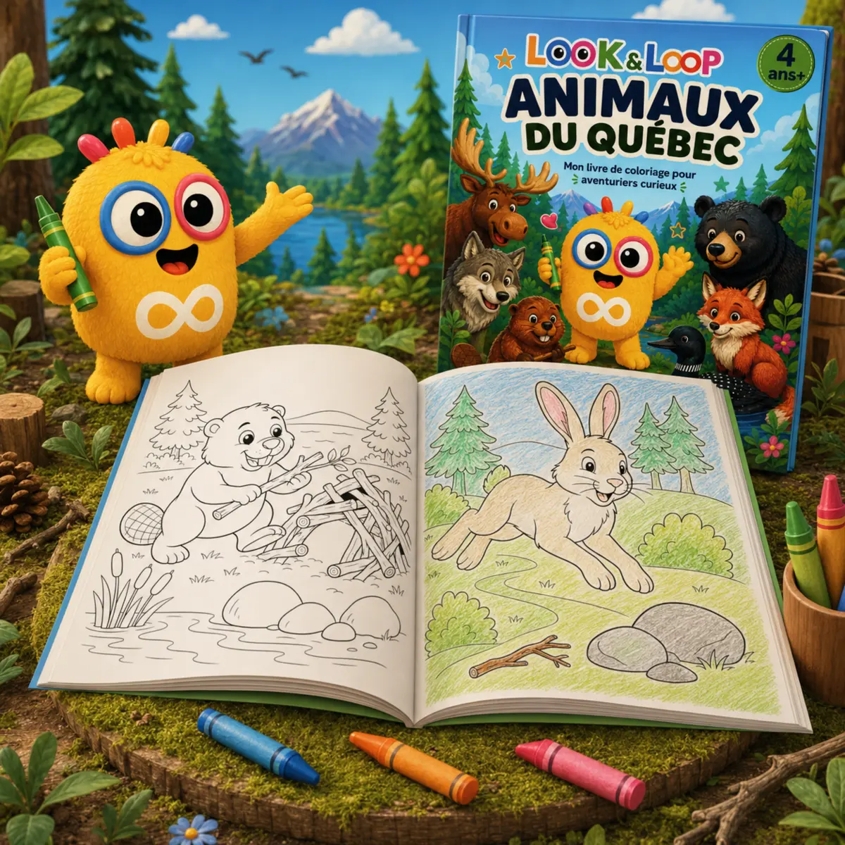 Livre Animaux du Québec ouvert avec Loopi