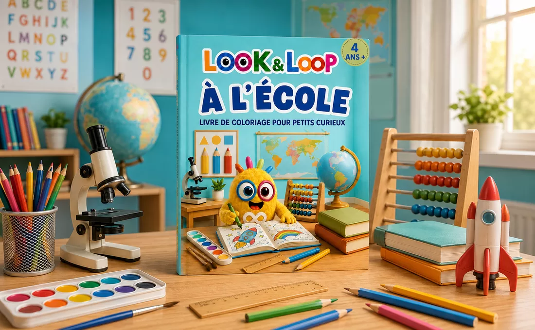 Le livre À l’école debout sur un bureau de classe, entouré de crayons et de fournitures scolaires