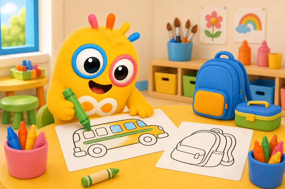 Loopi colorie un autobus scolaire jaune à une petite table, entouré de crayons de couleur