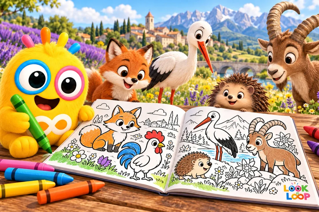 Loopi colorie une page d’animaux de France avec un renard et un coq, entouré de crayons