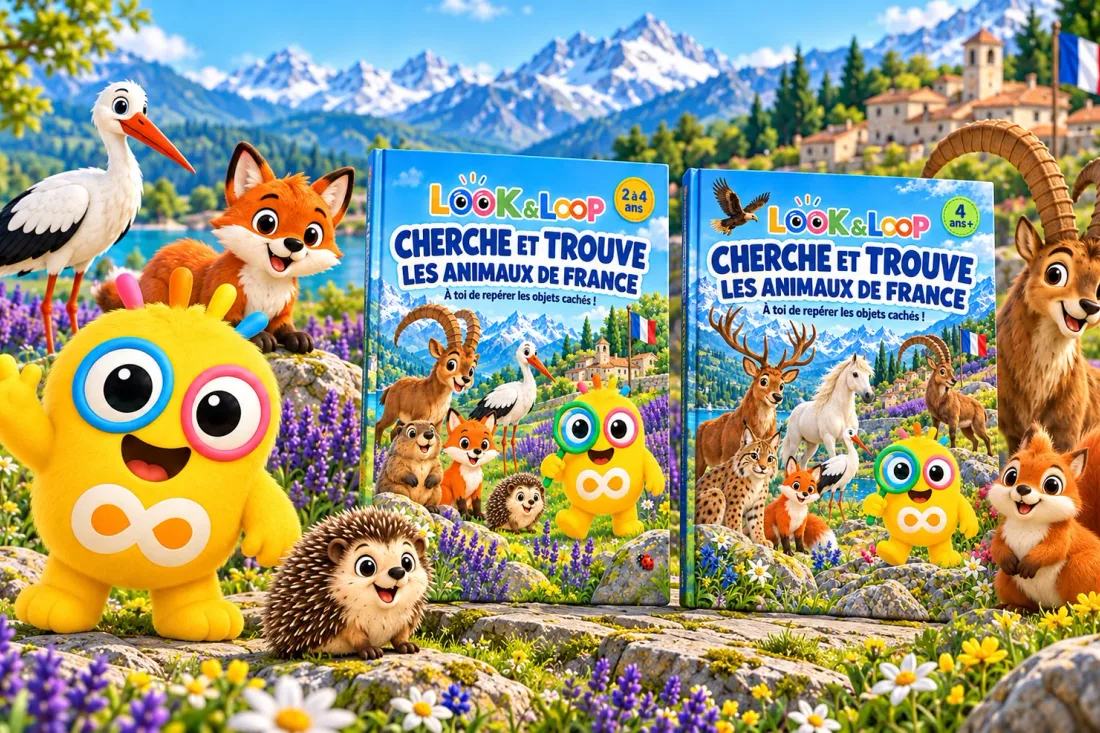 Deux livres Look & Loop côte à côte : Cherche et trouve Les animaux de France, en 2 à 4 ans et 4 ans plus