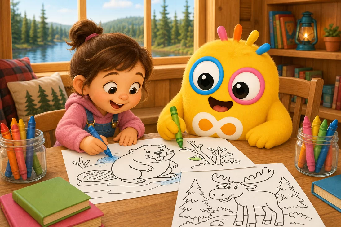 Un enfant colorie un castor avec Loopi à une table, entouré de crayons de couleur