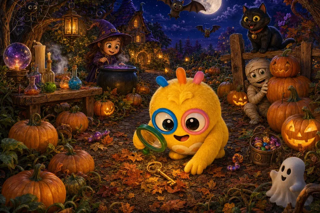 Loopi observe à la loupe une scène d’Halloween remplie de citrouilles et de personnages