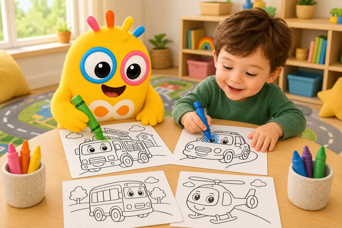 Loopi colorie un camion de pompiers avec un enfant, entourés de dessins de voiture, autobus et hélicoptère