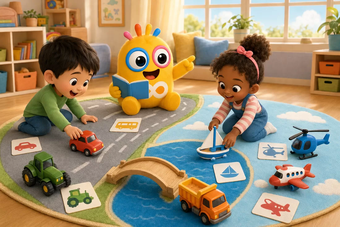 Deux enfants jouent avec des véhicules miniatures sur un tapis-circuit pendant que Loopi lit un livre