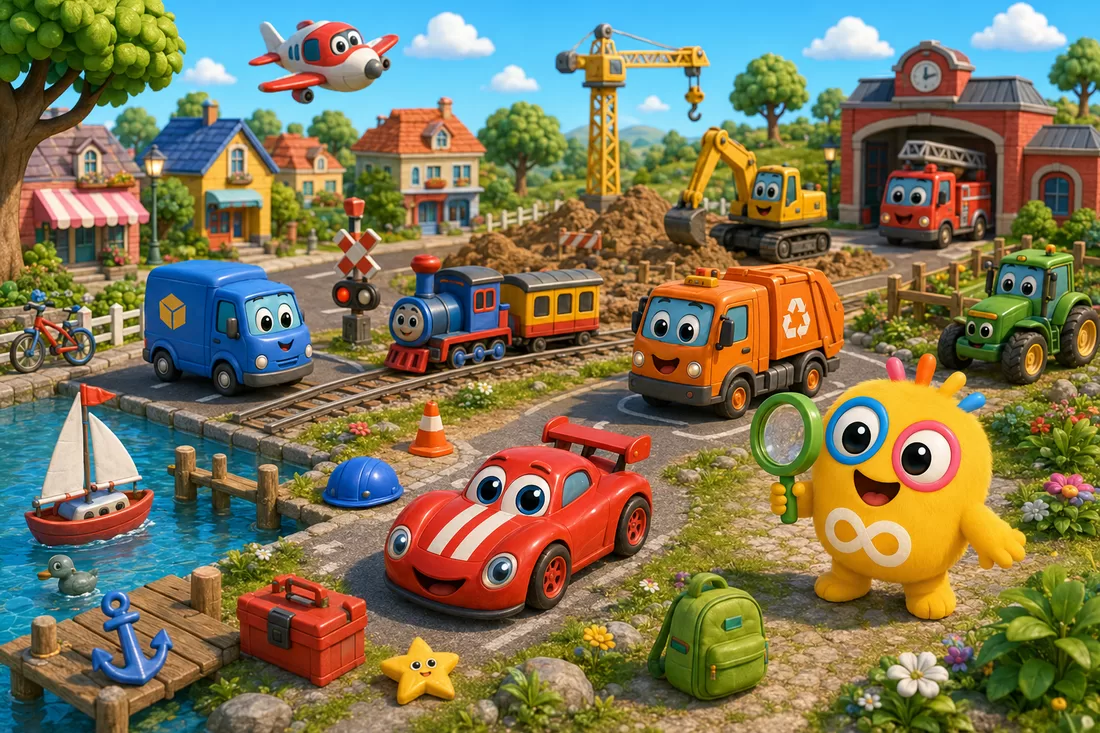 Un village animé avec de nombreux véhicules — camion, train, tracteur, avion, grue, voilier — et Loopi qui observe à la loupe