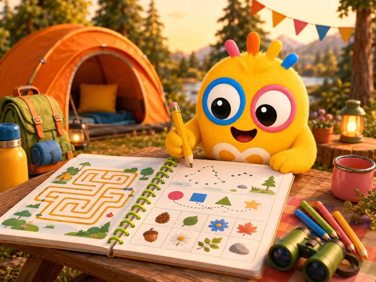 Loopi complète un cahier d’activités pendant une sortie en camping
