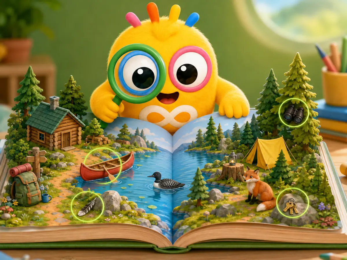 Loopi explore un livre cherche et trouve avec une loupe